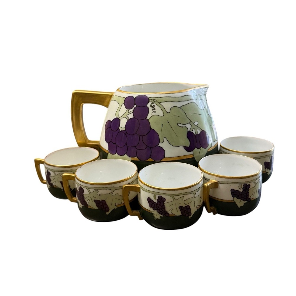 Vintage Vienna Austria Hand Painted Grapes Lemonade Set Pitcher 5 Cups Gold Trim